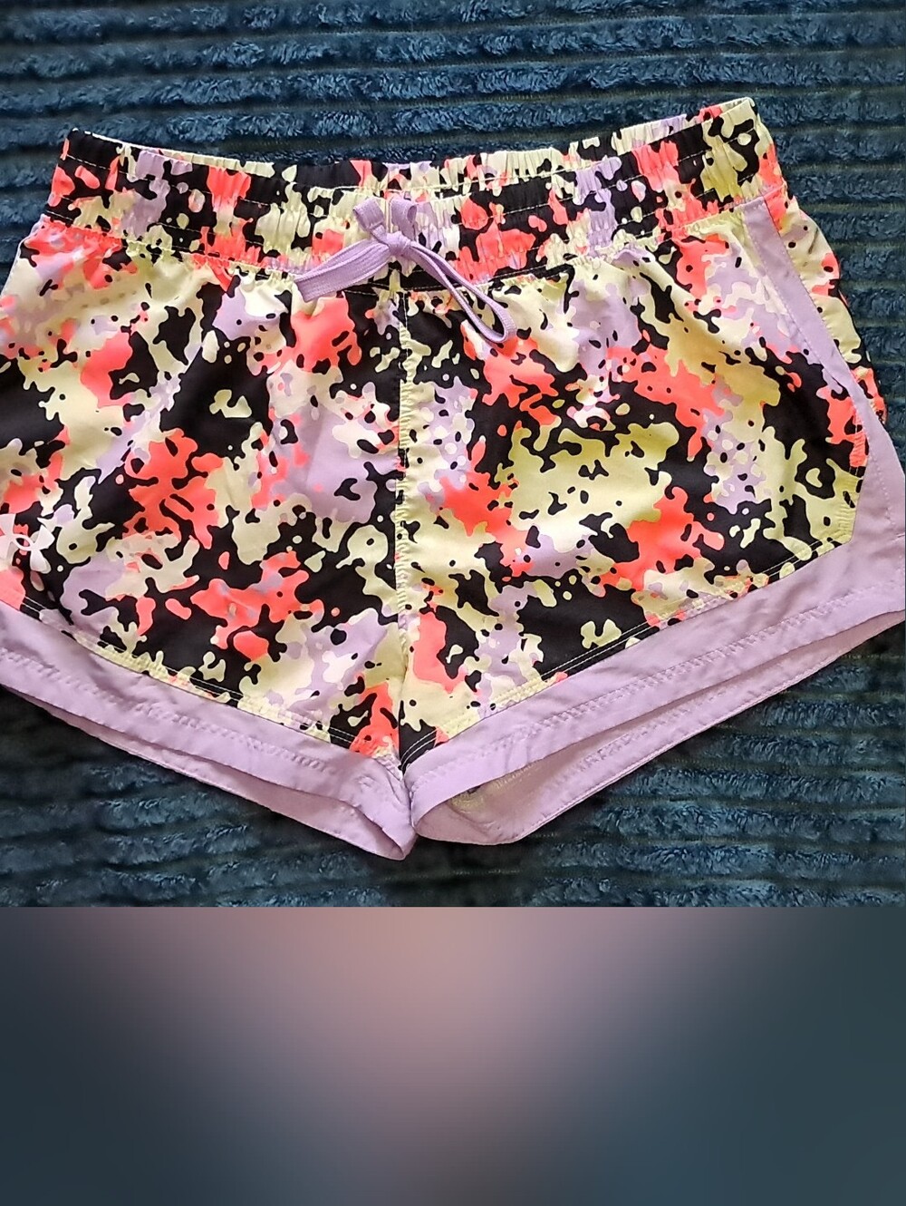 Under Armour Girls' Neon Camo Athletic Shorts with Lilac Trim